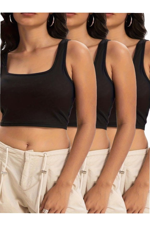 3-pack Black Women's Sleeveless Strappy Tank Square Neck Double Layer Workout Fitness Casual Basic Crop Tops