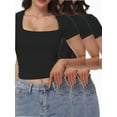 thumbnail image 1 of 3-pack Black Women's Square Neck Short Sleeve T Shirts Double Lined Basic Tee Slim Fit Tops, 1 of 6
