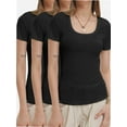 thumbnail image 1 of 3-pack Black Women's Summer Scoop Neck Short Sleeve T-Shirts Ribbed Knit Slim Fitted Casual Basic Top, 1 of 6