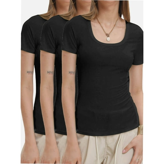3-pack Black Women's Summer Scoop Neck Short Sleeve T-Shirts Ribbed Knit Slim Fitted Casual Basic Top