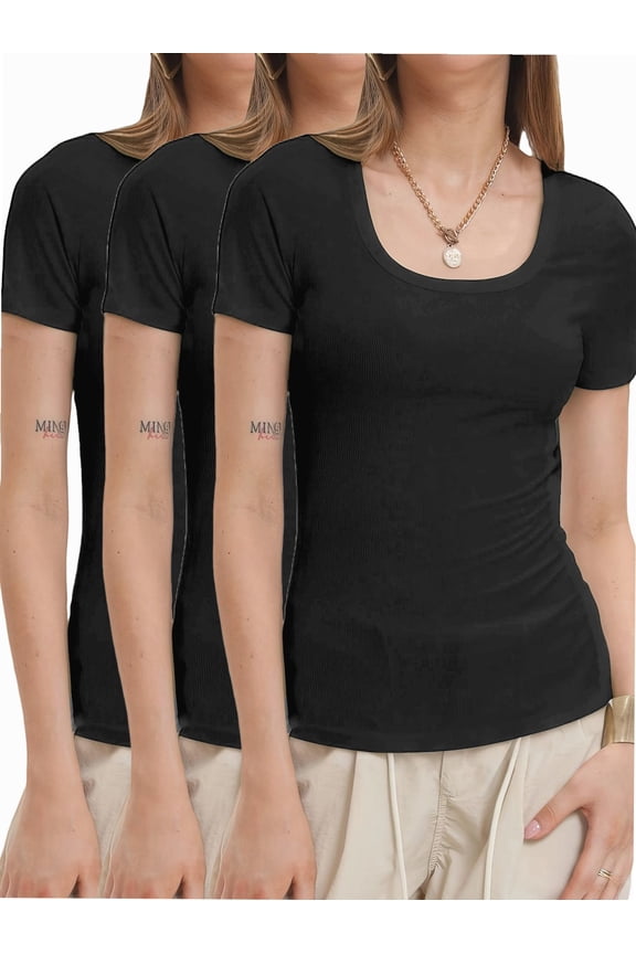 3-pack Black Women's Summer Scoop Neck Short Sleeve T-Shirts Ribbed Knit Slim Fitted Casual Basic Top