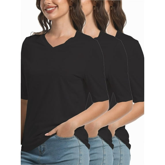 3-pack Black Women's V Neck T Shirts Basic Summer Tees Casual Half Sleeve Tops
