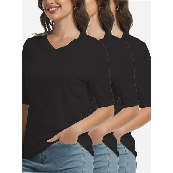 3-pack Black Women's V Neck T Shirts Basic Summer Tees Casual Half Sleeve Tops