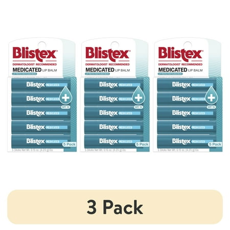 (3 pack) Blistex Medicated Lip Balm - Advanced Protection for Dry, Chapped Lips - 5 Count, 0.15oz Ea.