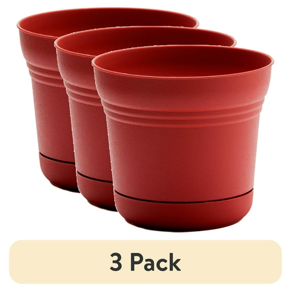 (3 pack) Bloem 7-in Saturn Round Resin Planter with Saucer - Burnt Red
