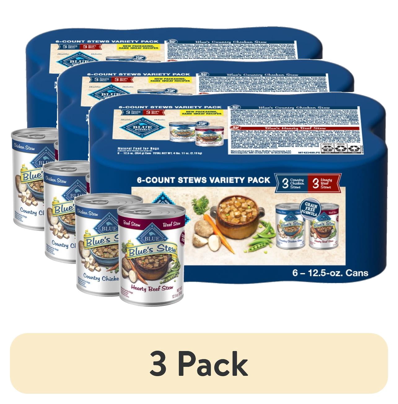 (3 pack) Blue Buffalo Blue's Stew Natural Wet Dog Food, Hearty Beef & Country Chicken Variety Pack