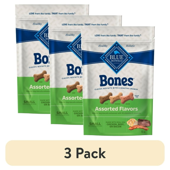 (3 pack) Blue Buffalo Bones Natural Dog Treats, Small Dog Biscuits, Assorted Flavors, 16-oz. Bag
