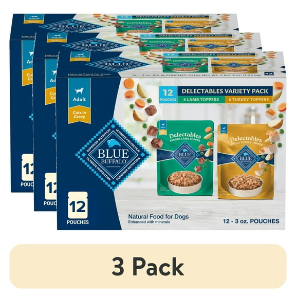 (3 pack) Blue Buffalo Delectables Natural Wet Dog Food Topper Variety Pack, Lamb & Turkey Dinner 3oz (12 Pack - 6 of Each Flavor)