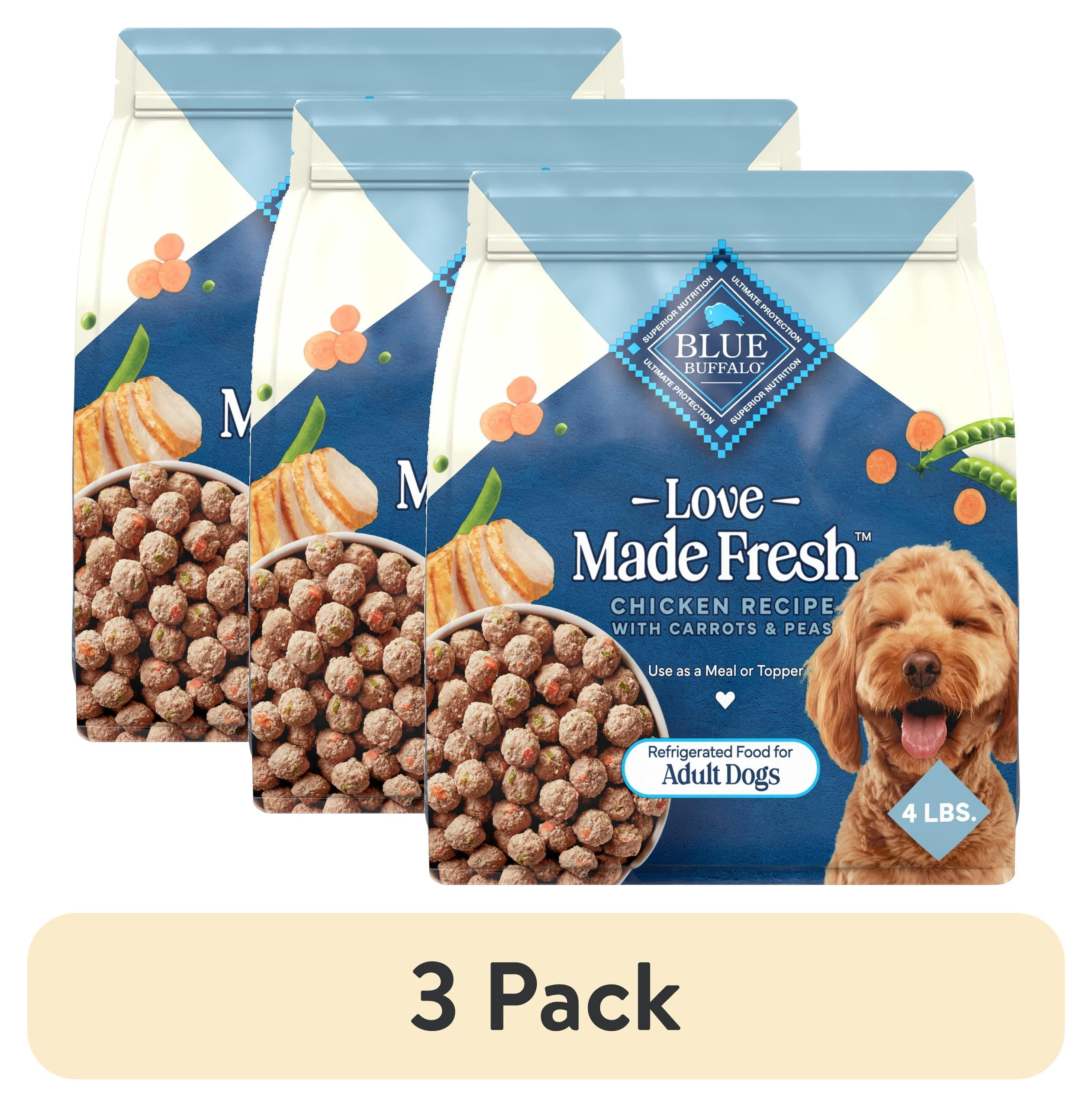(3 pack) Blue Buffalo Love Made Fresh Adult Refrigerated Dog Food, Chicken Meatball 4lb Pouch