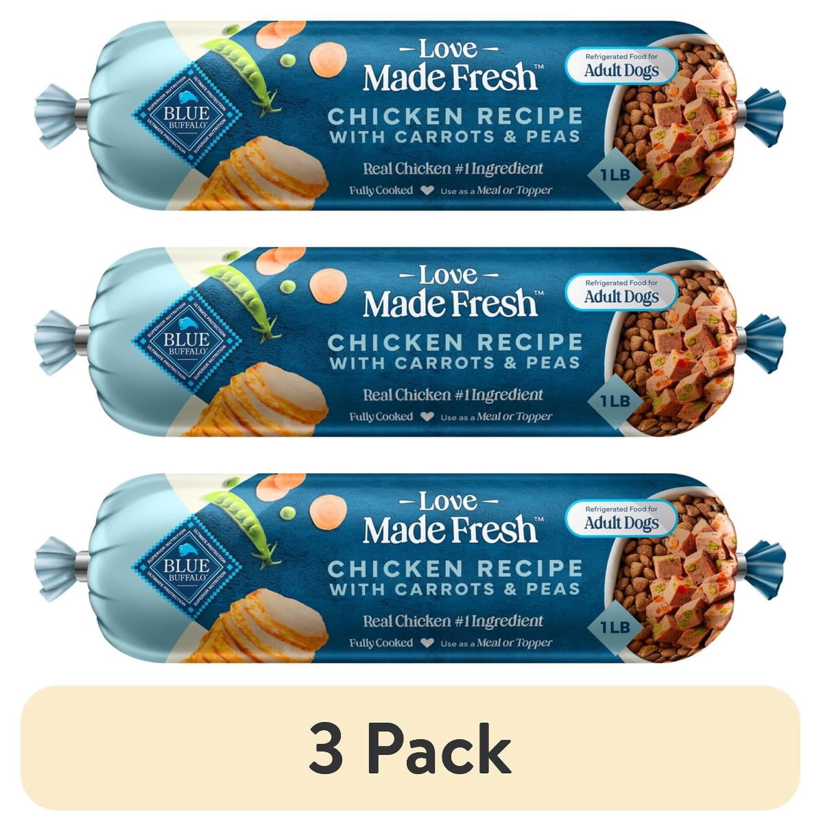 (3 pack) Blue Buffalo Love Made Fresh Dog Food, Refrigerated, Chicken Recipe, 1-lb Roll