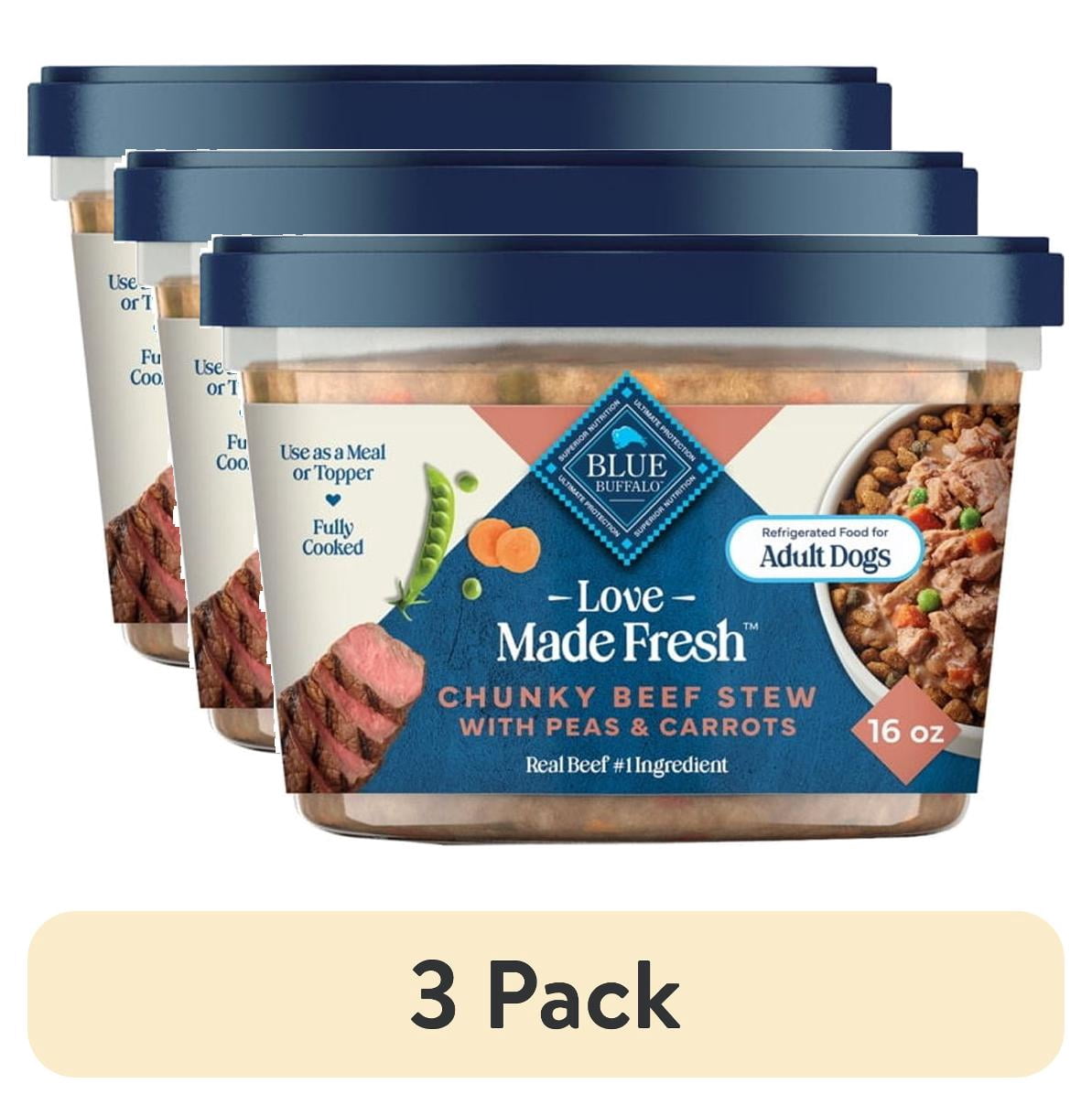(3 pack) Blue Buffalo Love Made Fresh Dog Food, Refrigerated, Chunky Beef Stew, 1-lb Tub