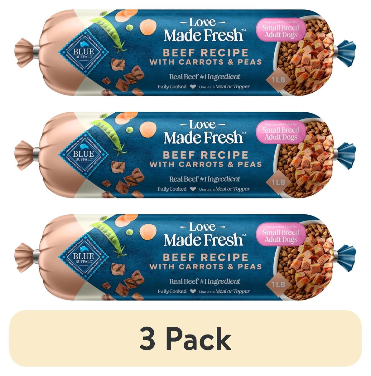 (3 pack) Blue Buffalo Love Made Fresh Dog Food, Small Breed Adult, Refrigerated, Beef, 1-lb Roll
