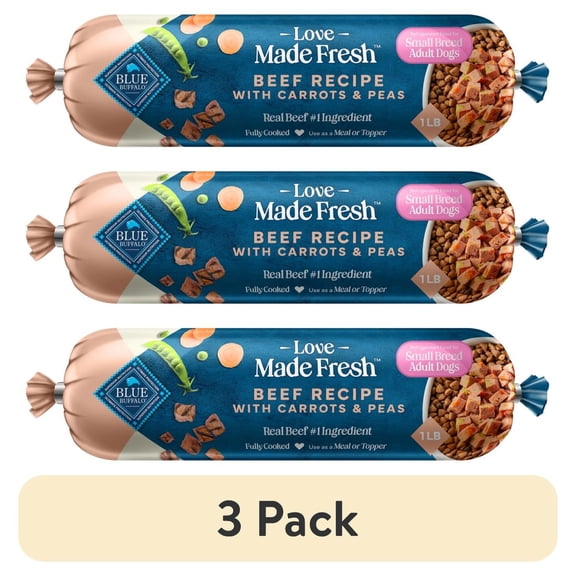 (3 pack) Blue Buffalo Love Made Fresh Dog Food, Small Breed Adult, Refrigerated, Beef, 1-lb Roll