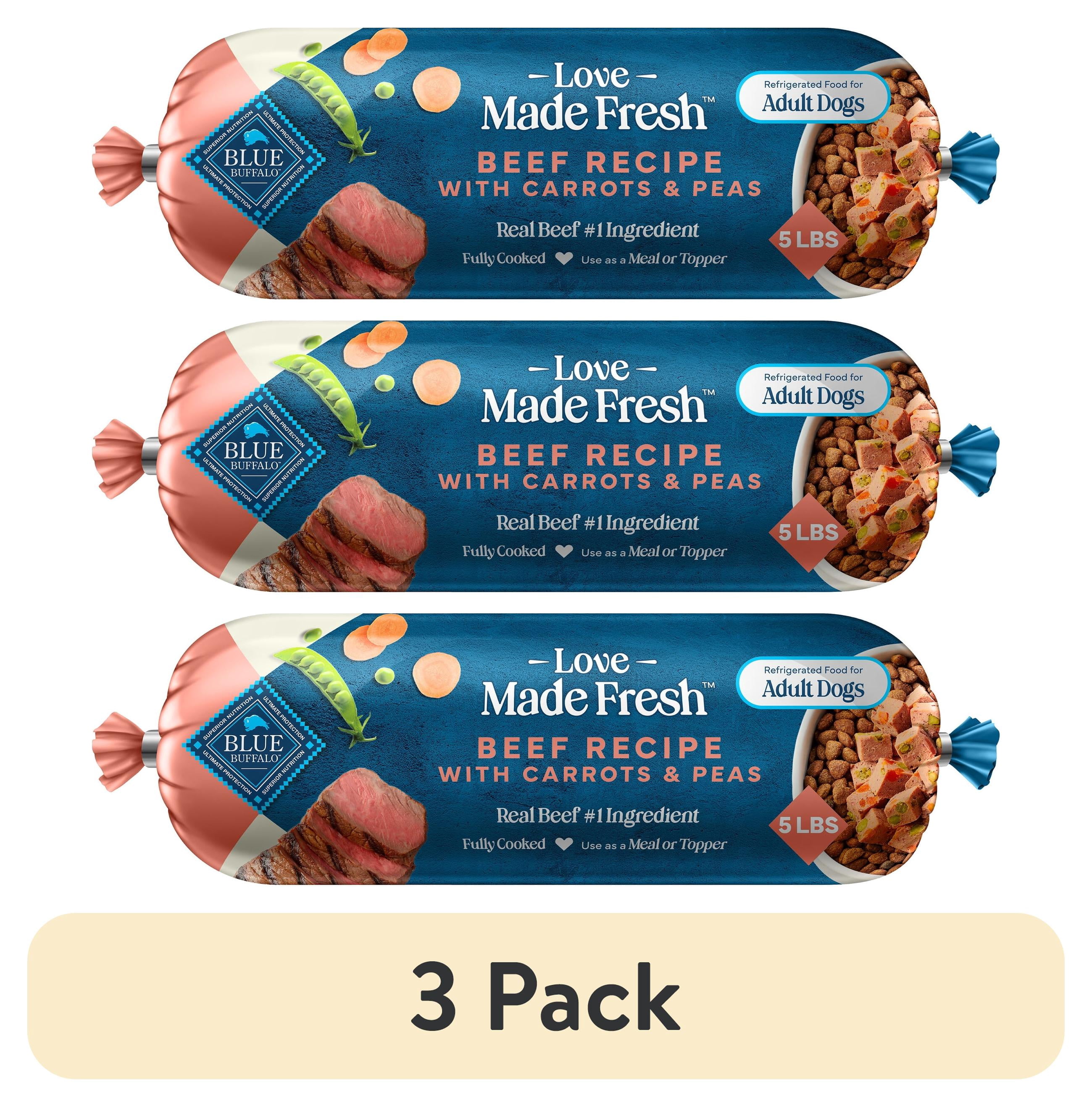 (3 pack) Blue Buffalo Love Made Fresh Refrigerated Adult Fresh Dog Food, Beef, 5lb Roll