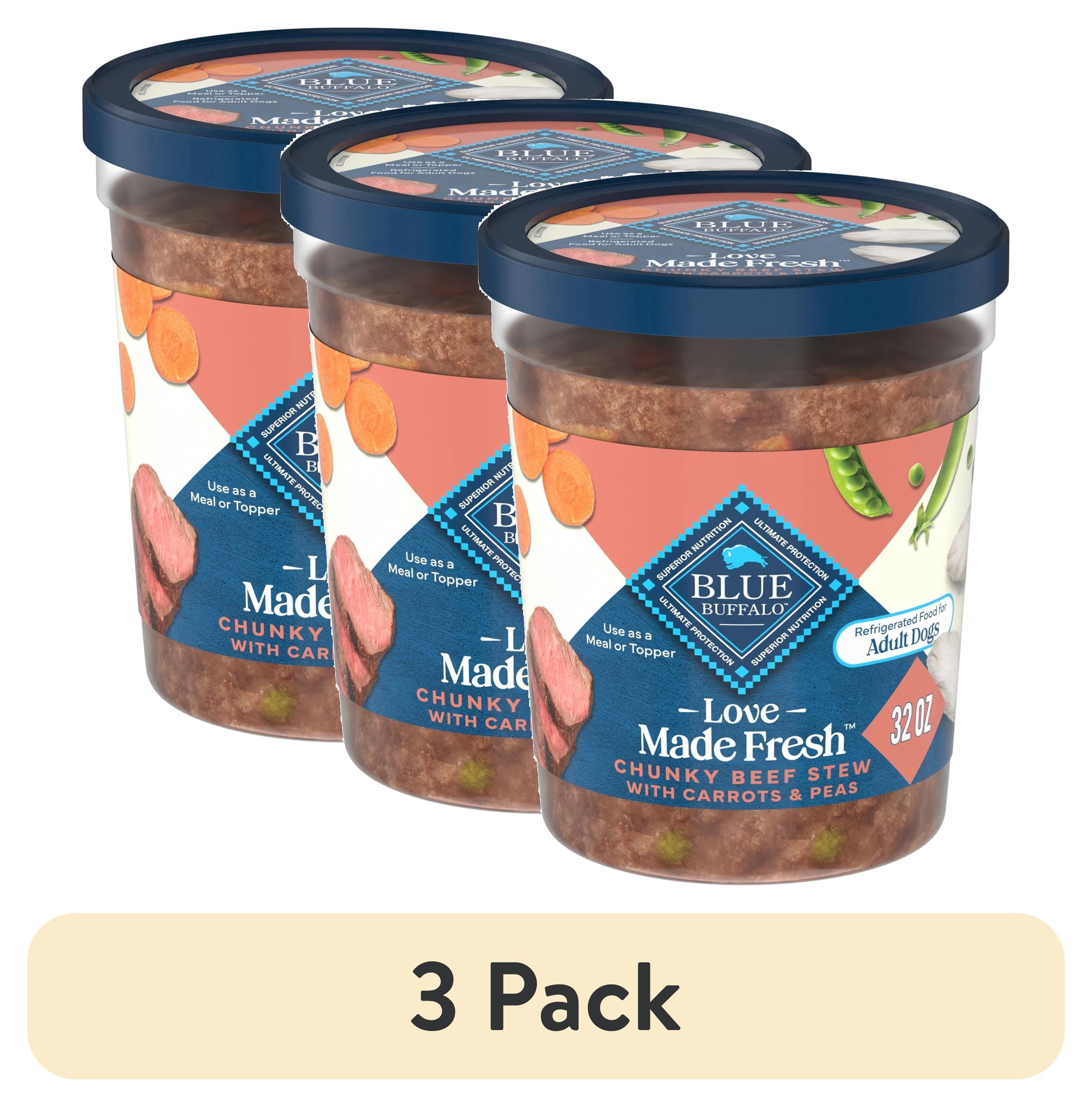 (3 pack) Blue Buffalo Love Made Fresh Refrigerated Adult Fresh Dog Food, Beef Stew, 2lb Tub
