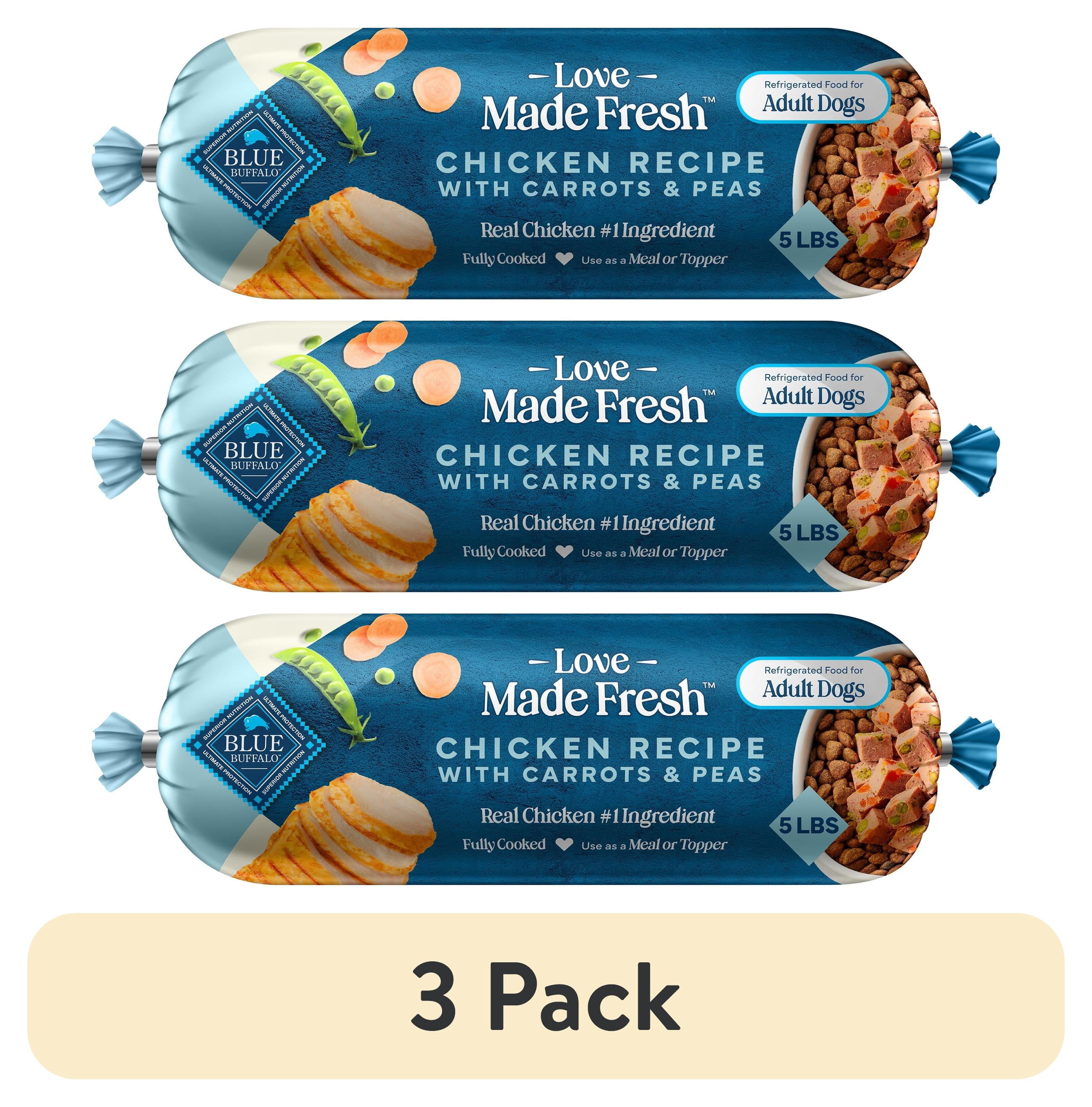 (3 pack) Blue Buffalo Love Made Fresh Refrigerated Adult Fresh Dog Food, Chicken, 5lb Roll