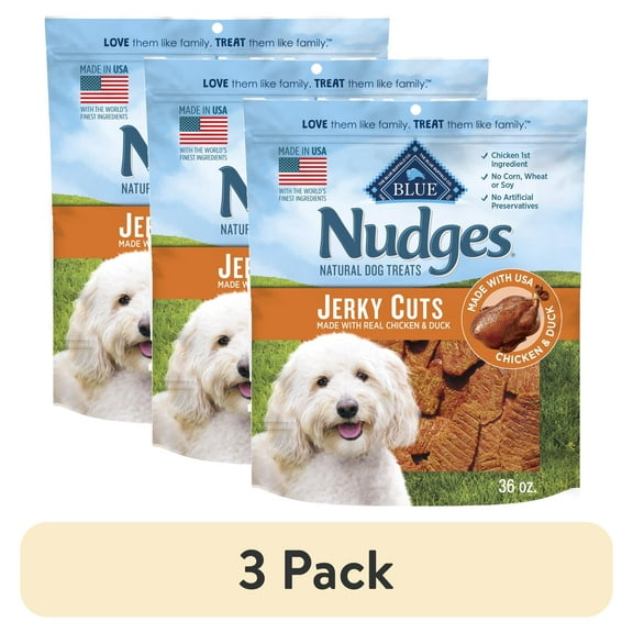 (3 pack) Blue Buffalo Nudges Jerky Cuts Dog Treats Made with Real Chicken & Duck, 36-oz. Bag