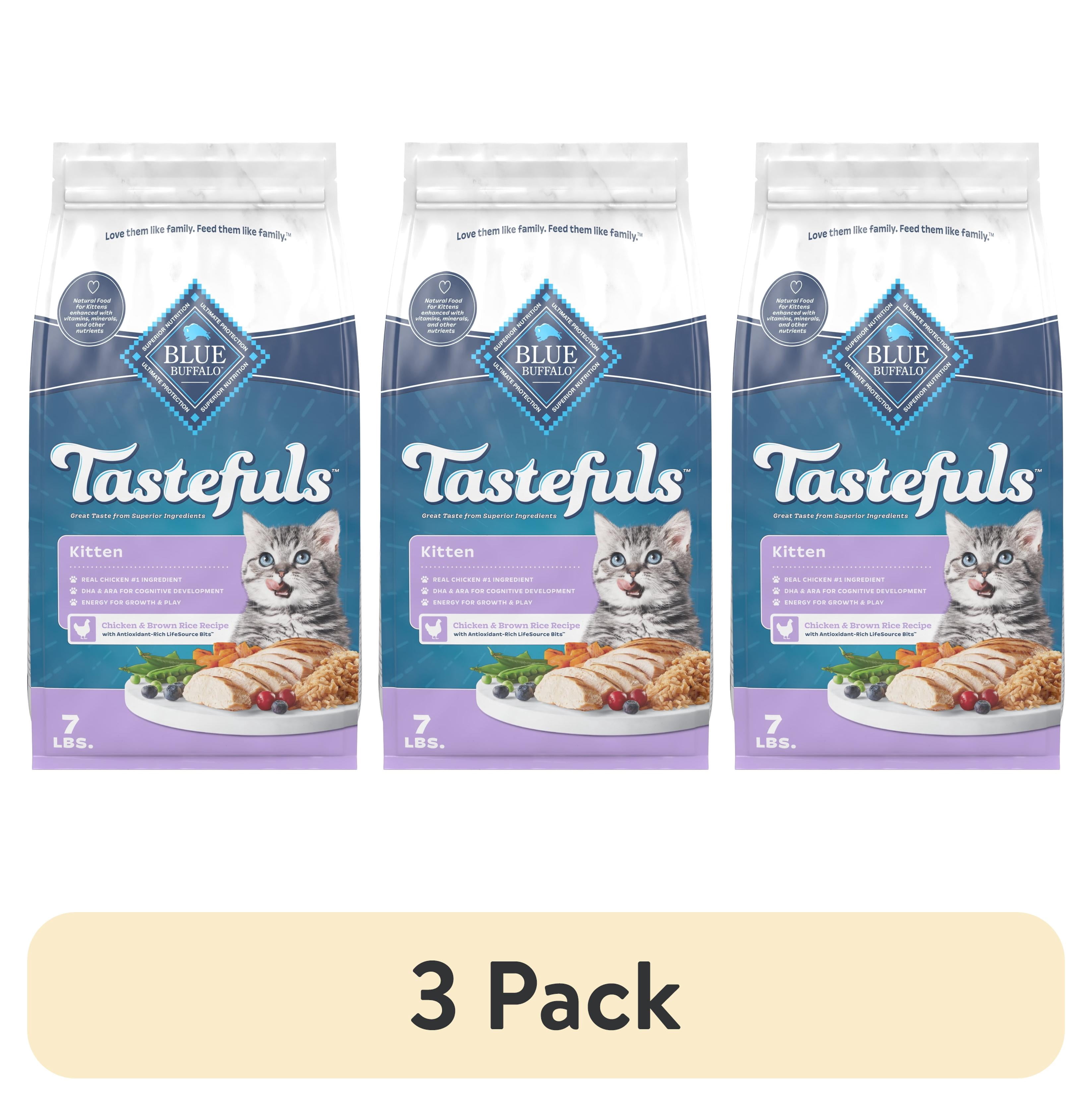 (3 pack) Blue Buffalo Tastefuls Kitten Food with DHA, Dry Cat Food, Chicken & Brown Rice, 7lb Bag
