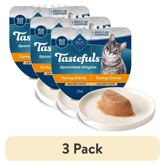 (3 pack) Blue Buffalo Tastefuls Spoonless Singles Turkey Pate Wet Cat Food for Adult Cats, 2.6-oz Twin-Pack Tray