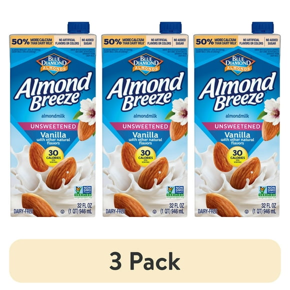 (3 pack) Almond Breeze Shelf-Stable Unsweetened Vanilla Dairy-Free Almondmilk, 32 oz