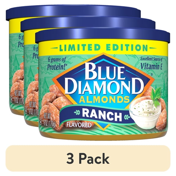 (3 pack) Blue Diamond Almonds, Classic Ranch Flavored Snack Nuts Great for Snacking, On-the-Go, Lunches Kids and Adults, Holiday and Summer, 6oz. Can