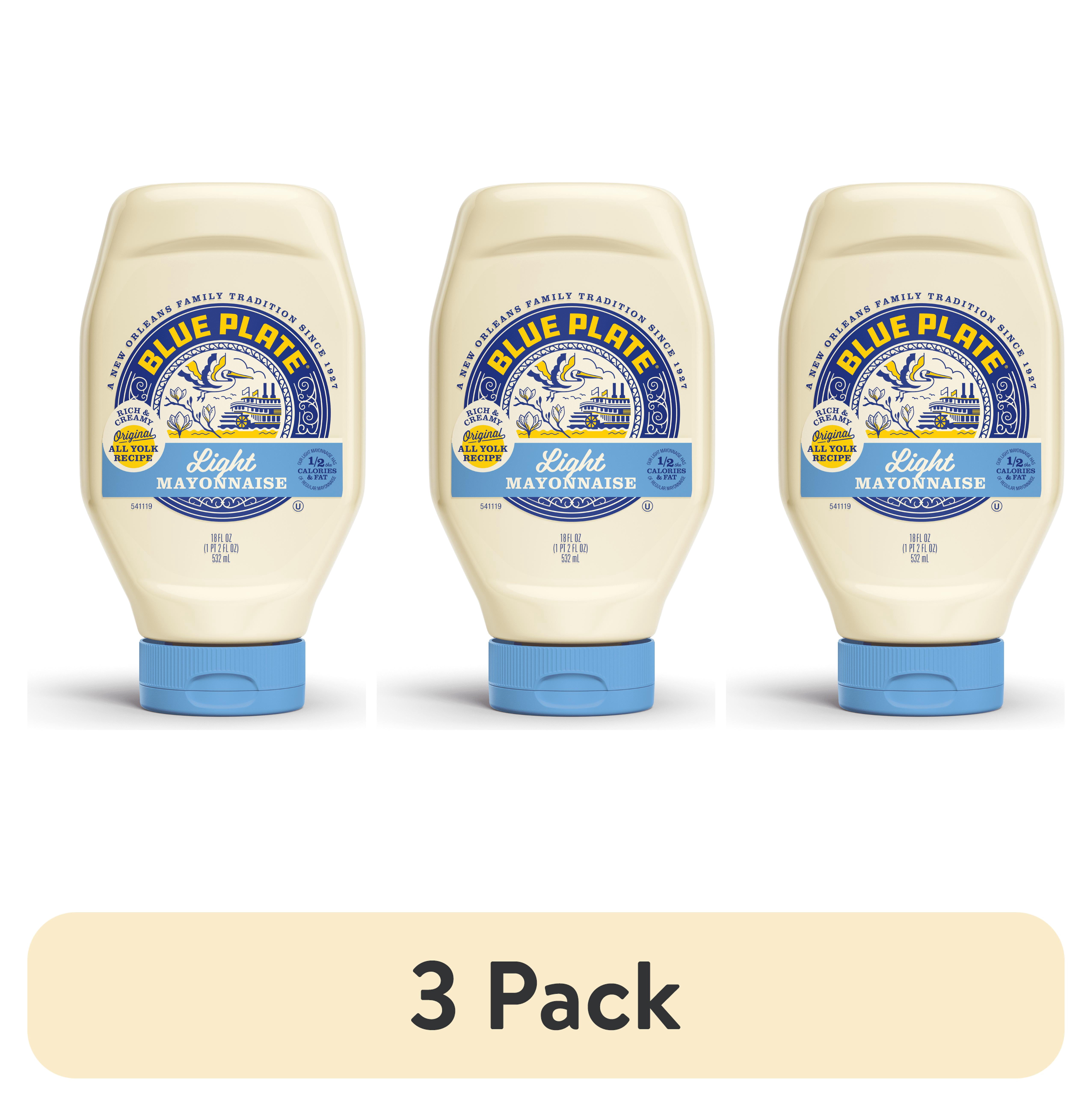(3 pack) Blue Plate Light Mayonnaise, 18 fl oz Squeeze Bottle
