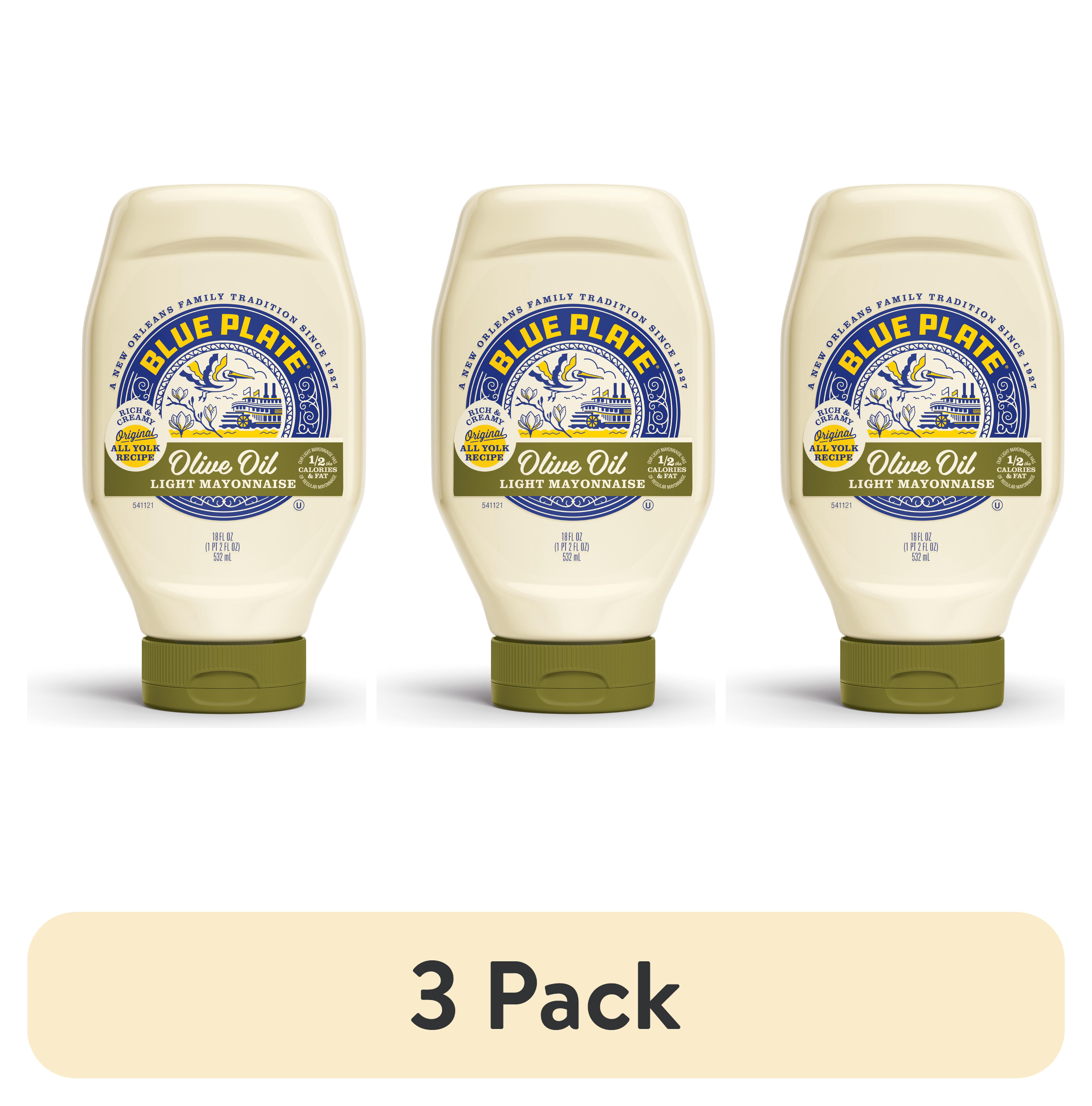 (3 pack) Blue Plate Light Mayonnaise with Olive Oil, 18 fl oz Squeeze Bottle