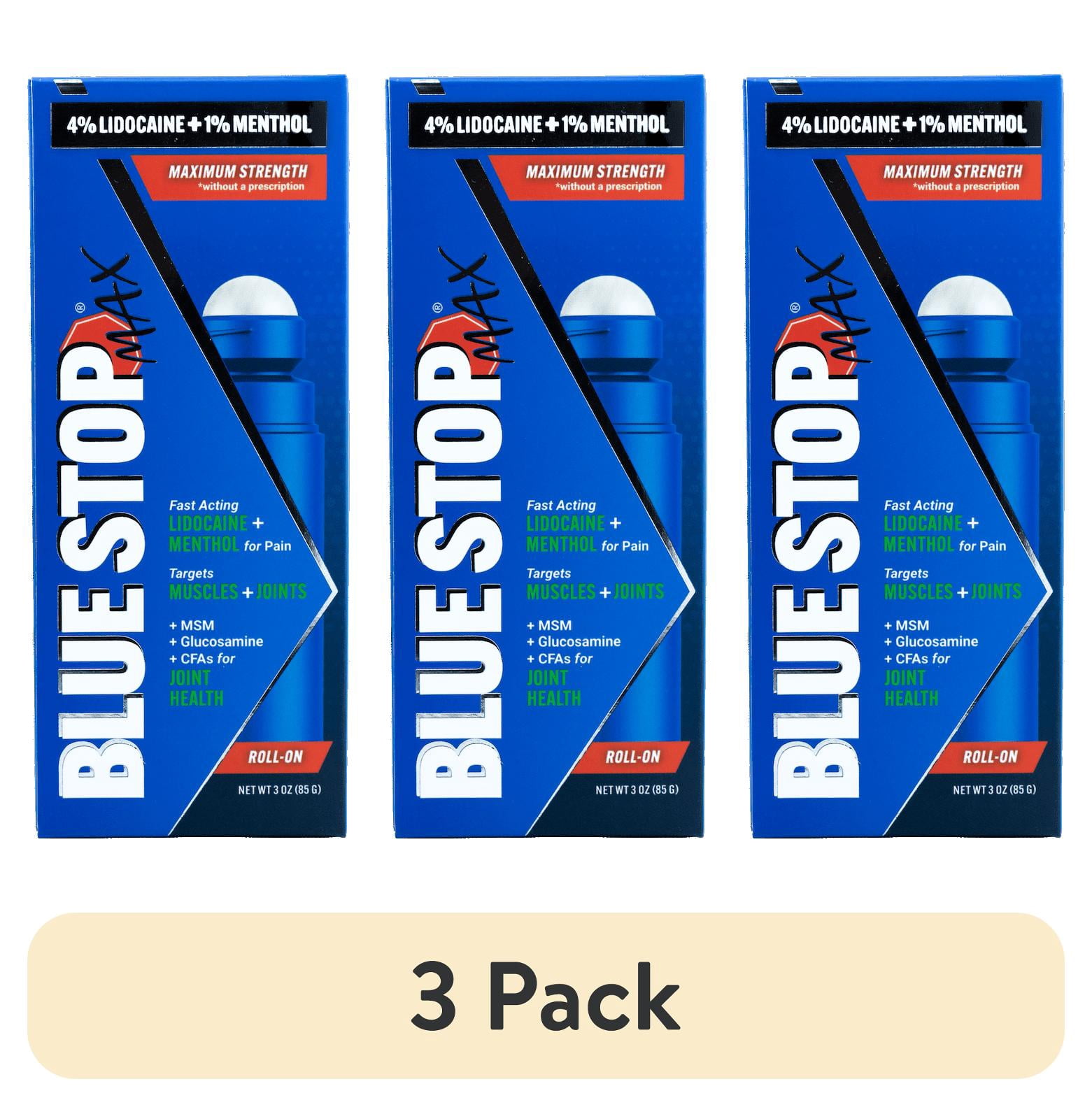 (3 pack) Blue Stop Max Roll-on with 4% Lidocaine + 1% Menthol, for Pain Relief in Muscles, Joints and Nerves, 3 oz