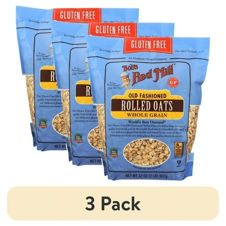 (3 pack) Bob's Red Mill Gluten Free Non-GMO Old Fashioned Rolled Oats, 32 oz Bag Shelf-Stable Ready-to-Cook