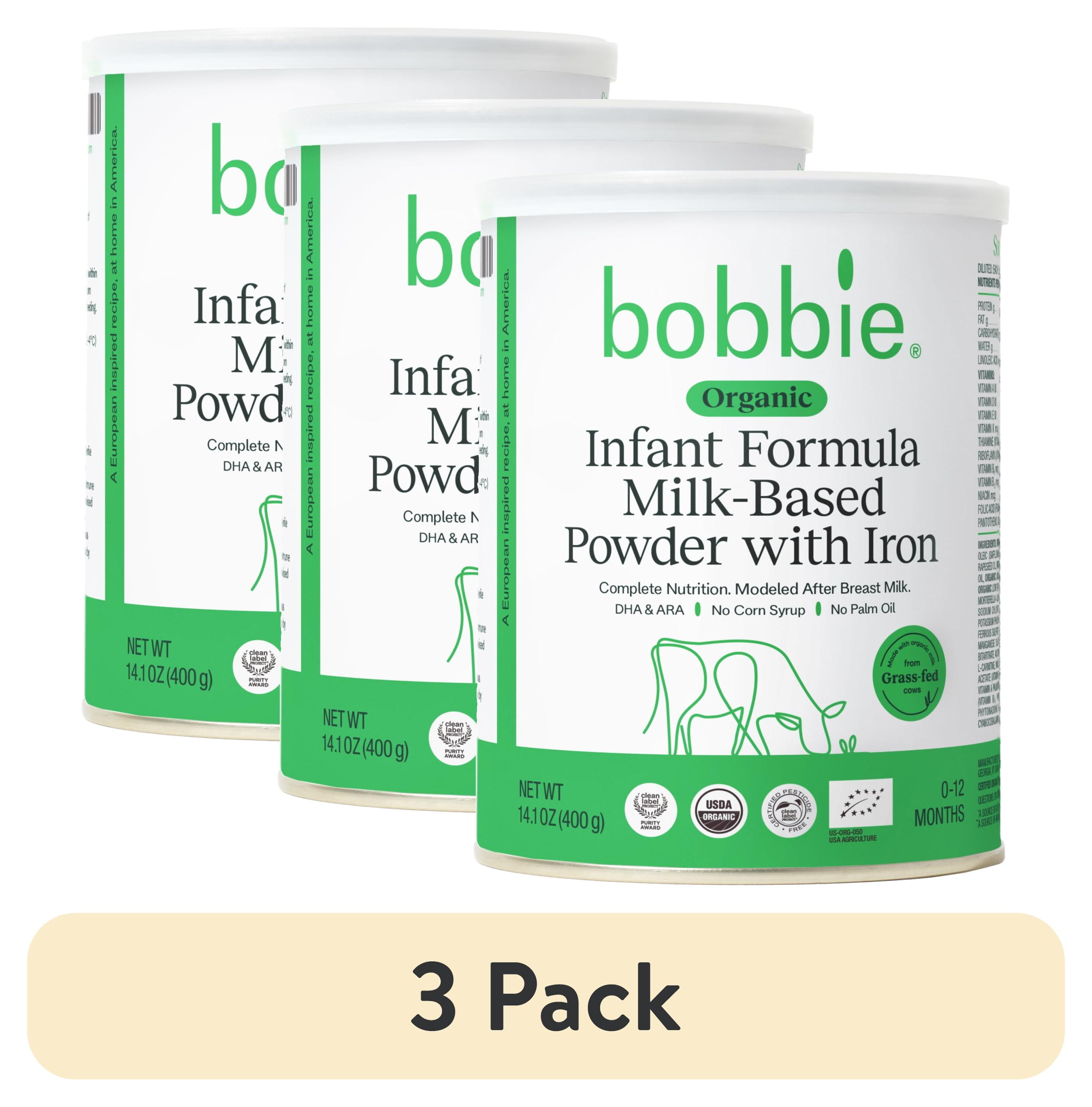 (3 pack) Bobbie Organic Original Infant Formula for Everyday Feeding, Milk-Based Powder with 1.2mg Iron, Skim Milk Recipe, Certified USDA Organic, 14.1 oz Can