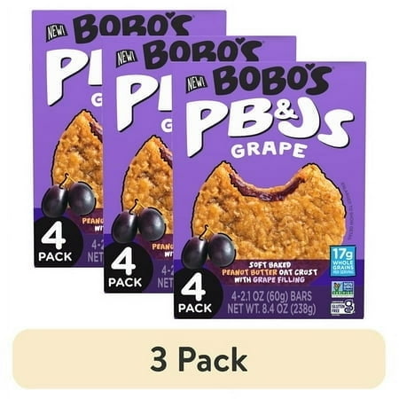 (3 pack) Bobo's PB&Js Grape, Peanut Butter Oat Crust Snack Bars, Gluten Free, 4 Count, 2.1 oz Each
