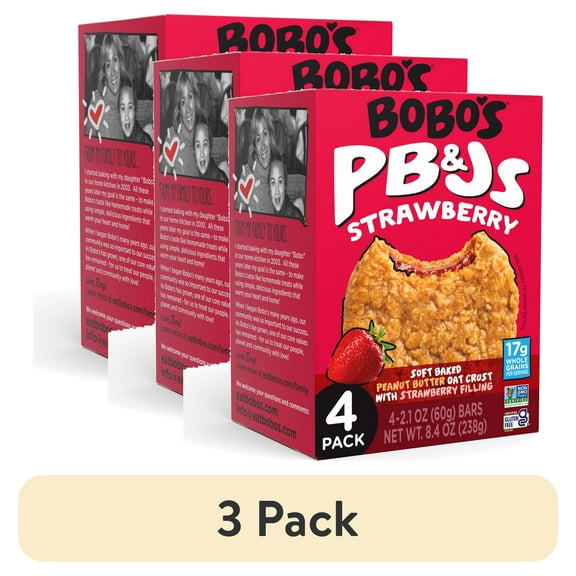 (3 pack) Bobo's PB&Js, Peanut Butter Oat Crust With Strawberry Filling, 4 Pack of 2.1oz oat snacks