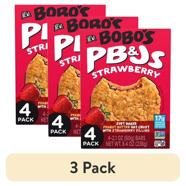 (3 pack) Bobo's PB&Js, Peanut Butter Oat Crust With Strawberry Filling, 4 Pack of 2.1oz oat snacks