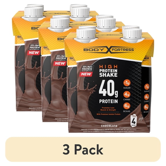 (3 pack) Body Fortress High Protein Shakes, 40g Protein, Chocolate, 4 Pack