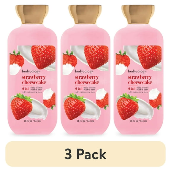 (3 pack) Bodycology 2-in-1 Body Wash & Bubble Bath, Strawberry Cheesecake, 16 fl oz