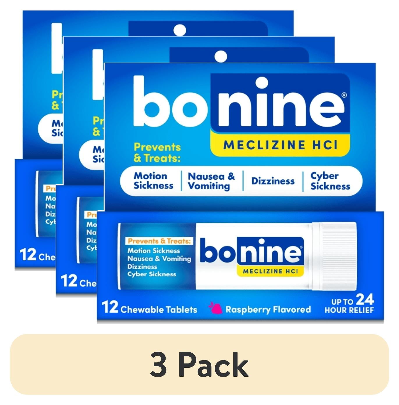 (3 pack) Bonine Raspberry Chewable Motion Sickness Relief Tablets, 12 Count