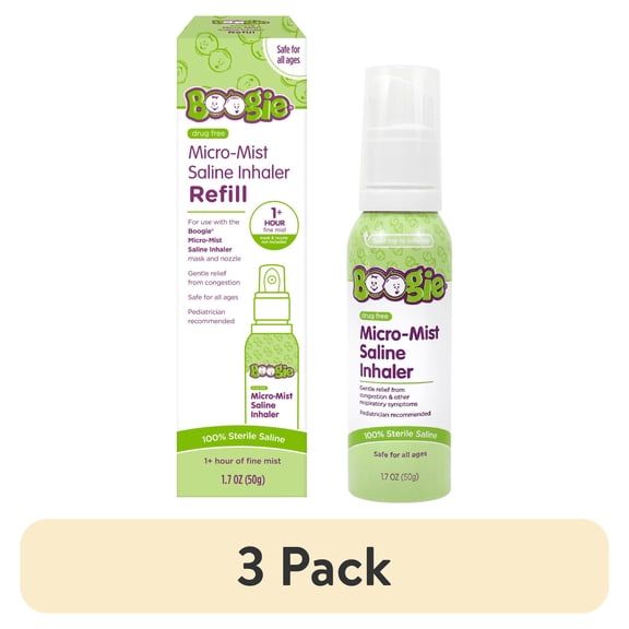 (3 pack) Boogie Sterile and Drug-Free Micro-Mist Saline Inhaler Spray Refill for Kids, 1.7 oz