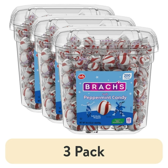 (3 pack) Brach's Soft Peppermint, Candy, Individually Wrapped, Made With Real Peppermint Oil, 34.5 oz Tub, 200 Count