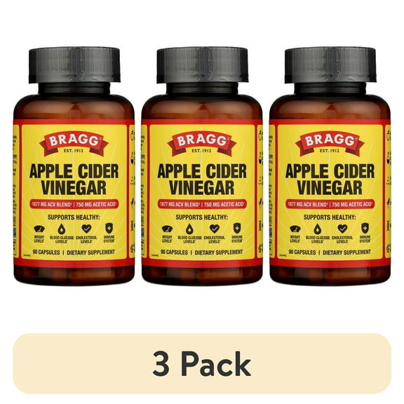 (3 pack) Bragg Apple Cider Vinegar Capsules, 1877mg ACV Blend with 750mg Acetic Acid, 90 Count