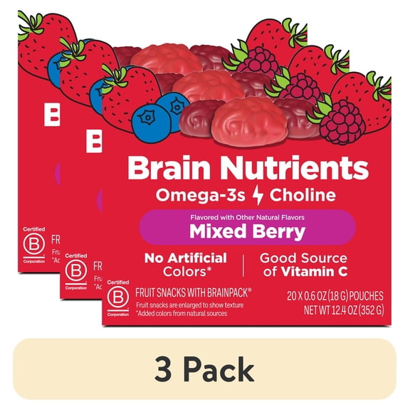 (3 pack) Brainiac Fruit Snacks with BrainPack, Mixed Berry Flavor, 20 Count