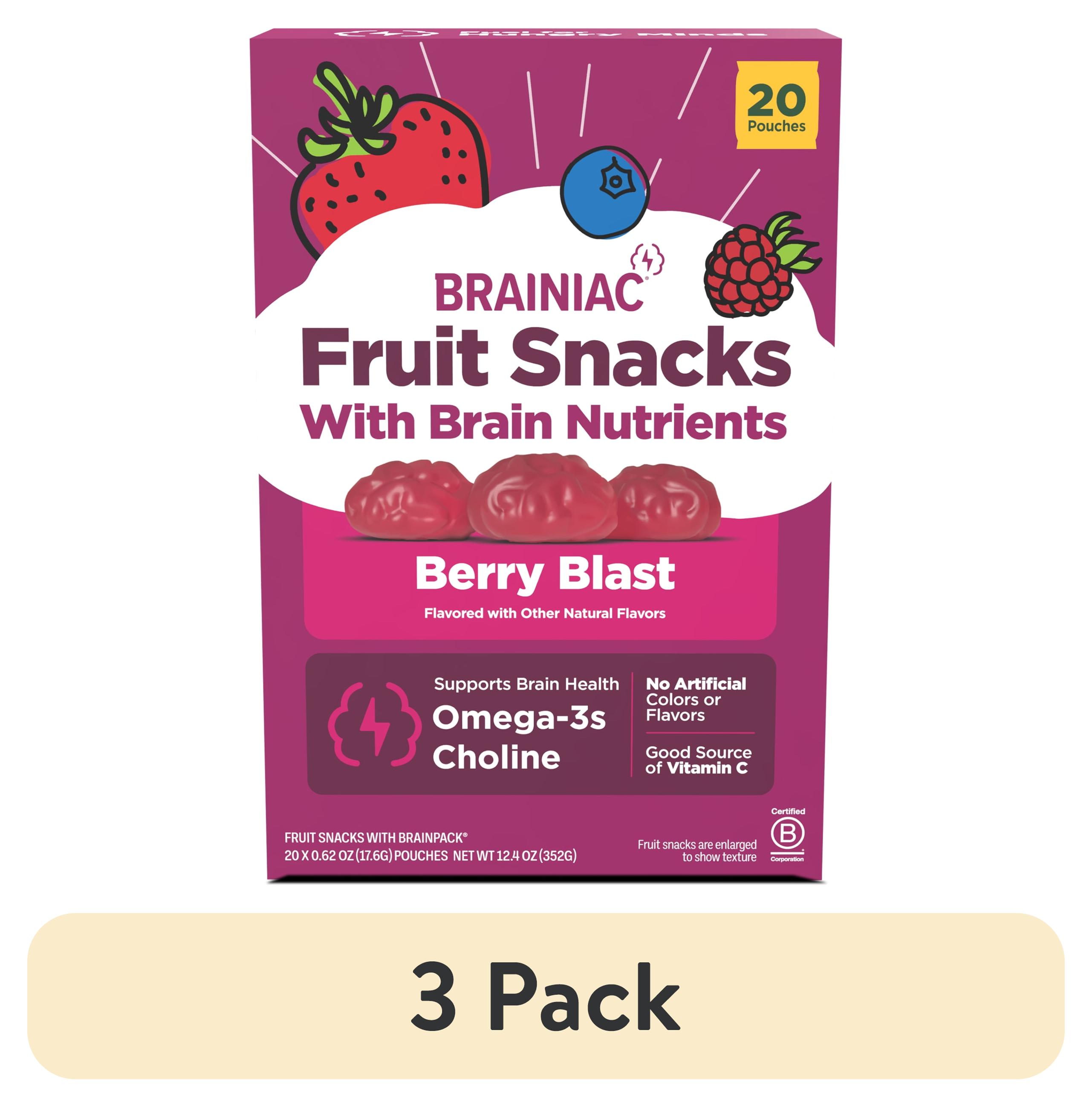 (3 pack) Brainiac Fruit Snacks with BrainPack, Mixed Berry Flavor, 20 Count