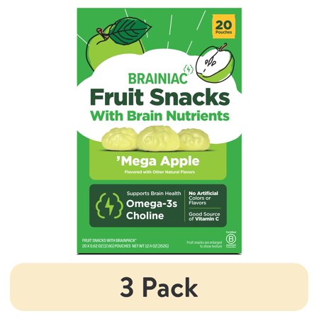 (3 pack) Brainiac Fruit Snacks with BrainPack, Sour Apple Flavor, 20 Count