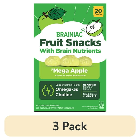 (3 pack) Brainiac Fruit Snacks with BrainPack, Sour Apple Flavor, 20 Count