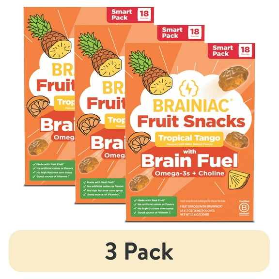 (3 pack) Brainiac Fruit Snacks with BrainPack, Tropical Flavor, 18ct