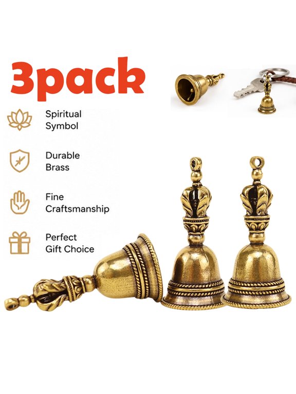 3 pack Brass Vajra Bell Pendant Small Tibetan Style Copper Ornament for Bag Keychain and Home Decor, Outdoor Atmosphere Wind Chime, Camping Reminder, Small Circle Hand Bells