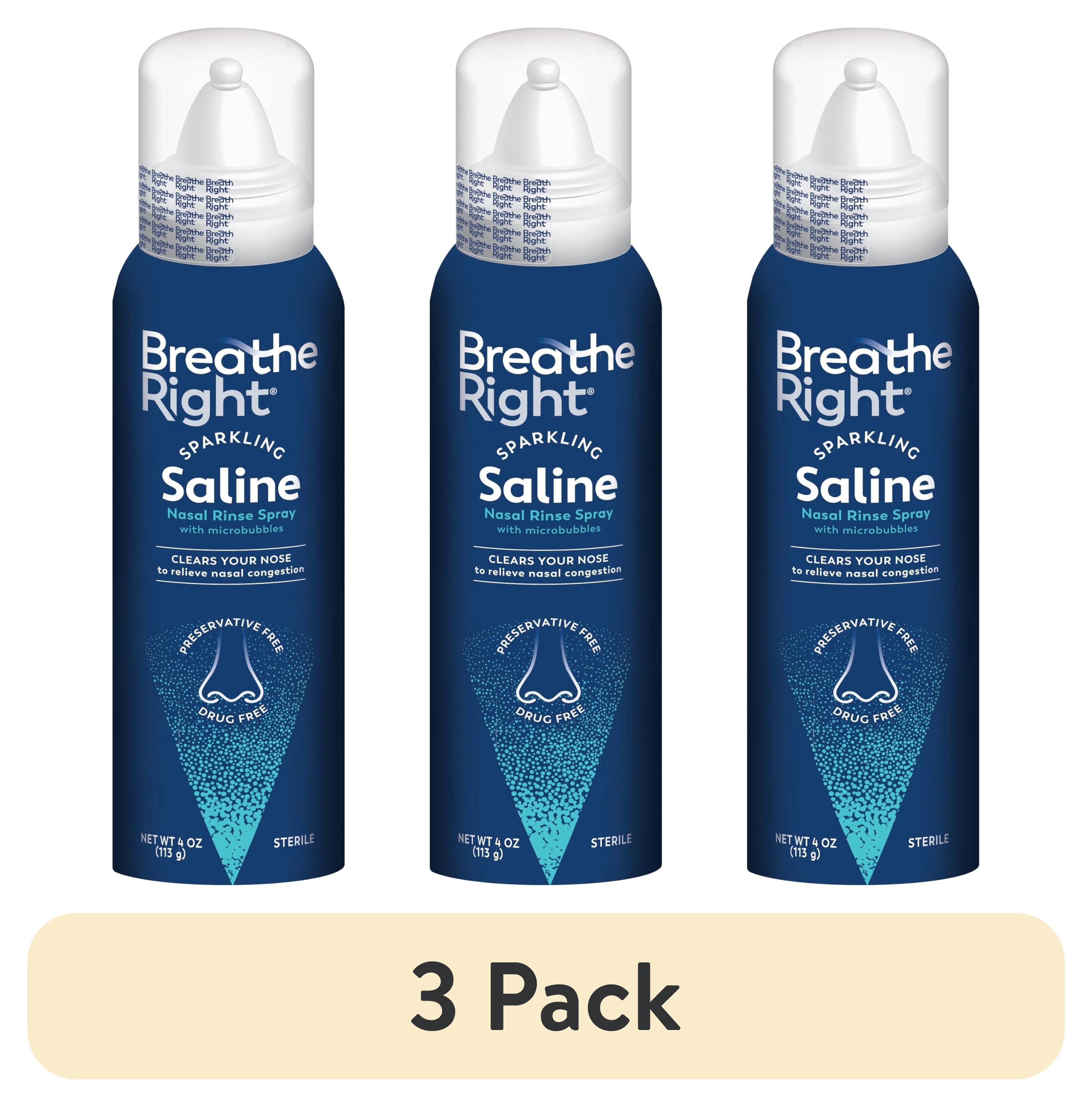(3 pack) Breathe Right Sparkling Saline Nasal Rinse Spray – Effervescent, Drug-Free Relief from Stuffy Nose Due to Cold or Allergy, 1 Can, 4 oz