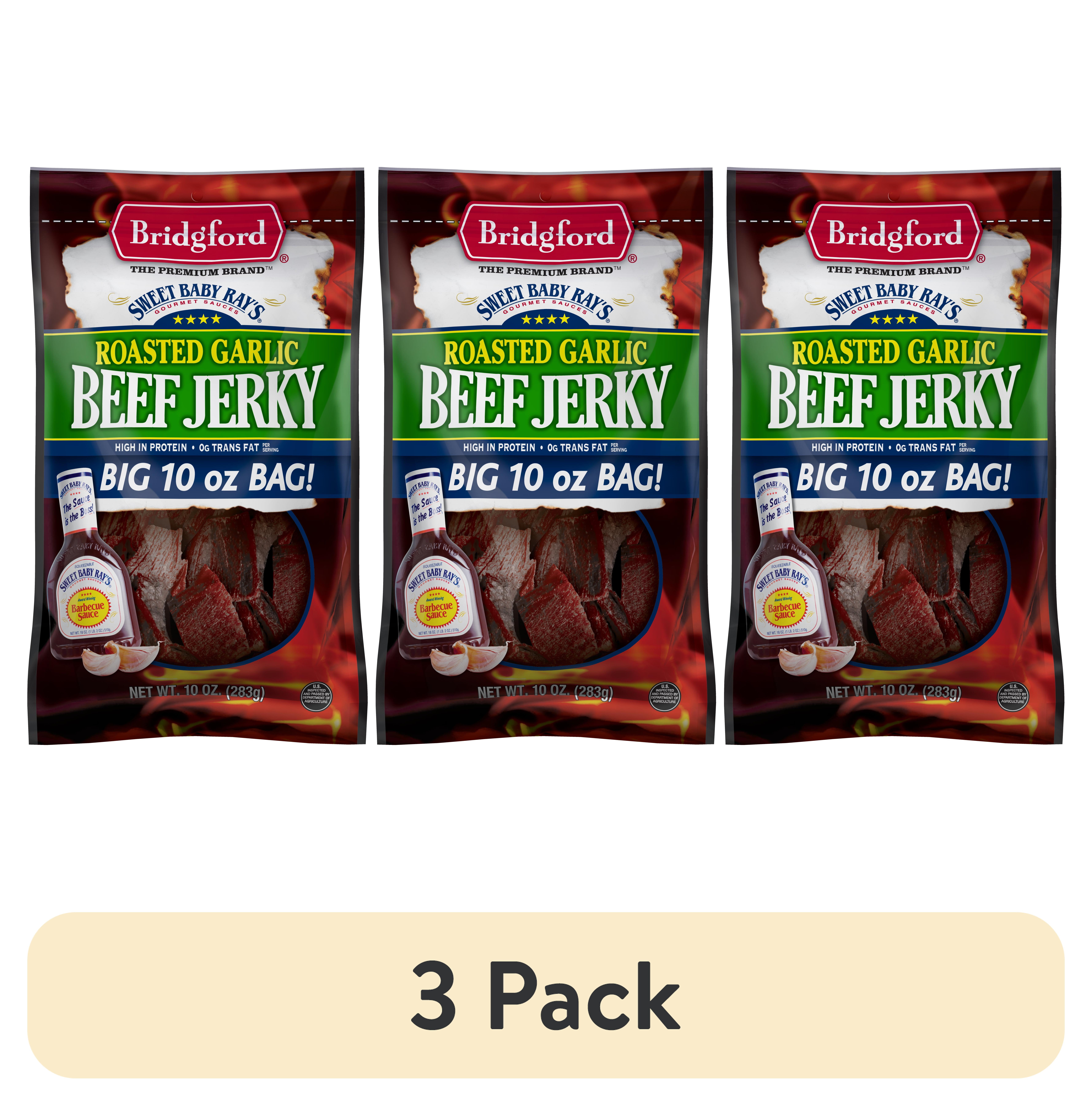 (3 pack) Bridgford 100% Beef Sweet Baby Ray's Garlic Beef Jerky 10oz Resealable Bag