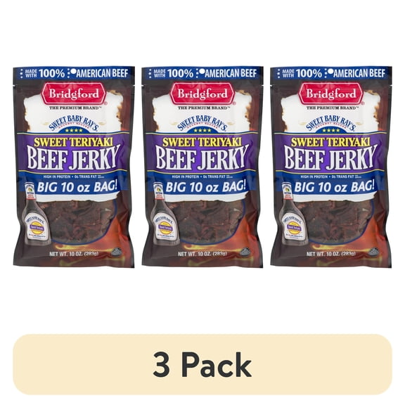 (3 pack) Bridgford 100% Beef Sweet Baby Ray's Sweet Teriyaki Beef Jerky 10oz Resealable Bag