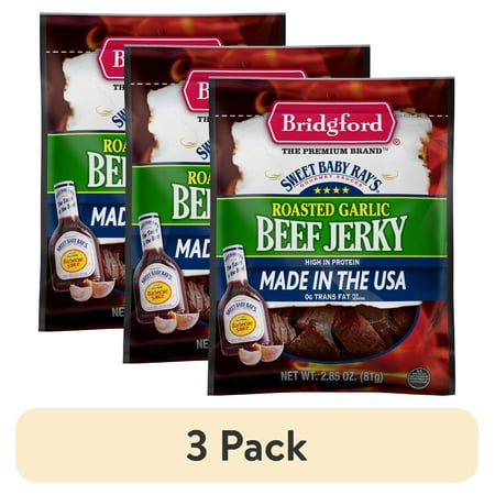 (3 pack) Bridgford Sweet Baby Ray Garlic Beef Jerky, 2.85 OZ