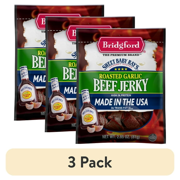 (3 pack) Bridgford Sweet Baby Ray Garlic Beef Jerky, 2.85 OZ